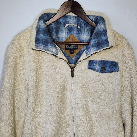 Pendleton Jacket Womens Large Ivory Sherpa Plaid Full Zip Outdoors Wool Gorp - Picture 2 of 12